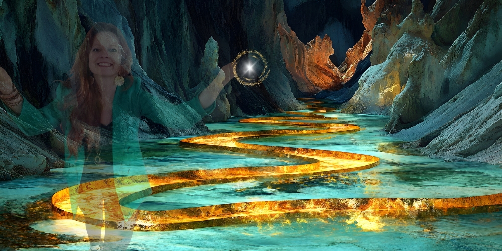 Ein schmaler, leuchtender, goldener Fluss windet sich durch eine dunkle, bizarre Höhlenlandschaft mit steilen Felswänden.